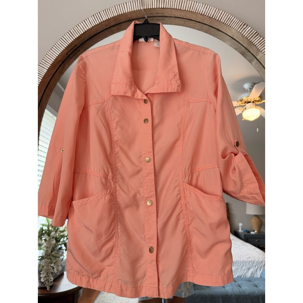 Chico’s Size 1 Coral Pink Utility Safari Jacket Lightweight 100% Lyocell Cargo